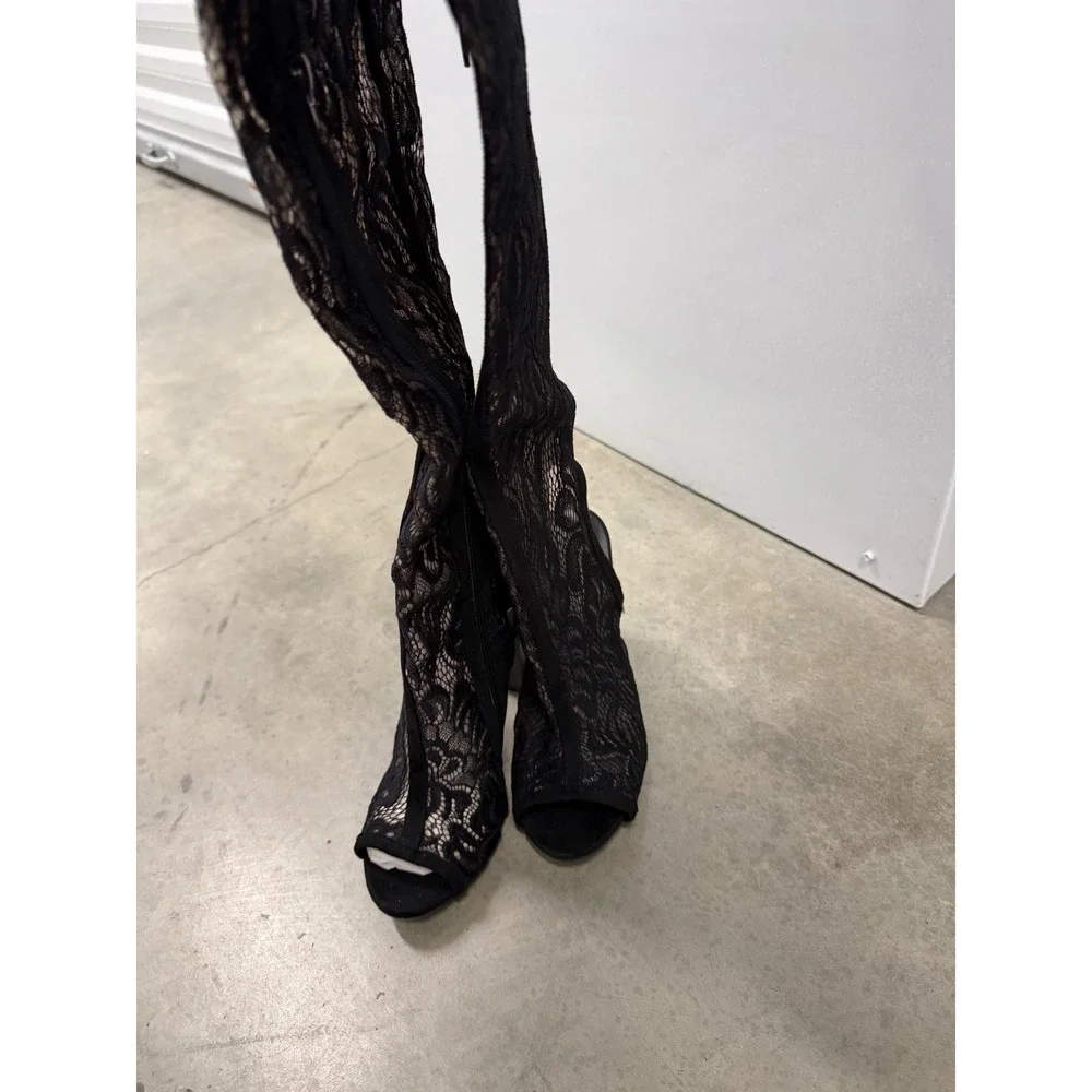 Bamboo Black Floral Lace Thigh High Peep Toe Block Heel Boots Size 7 EU 37